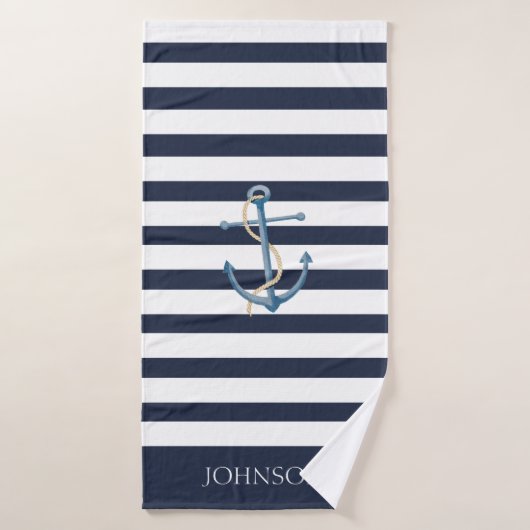 Nautical Navy Blue White Stripes Anchor Name Badhanddoek (Badhanddoek)