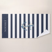 Nautical Navy Blue White Stripes Anchor Name Badhanddoek (Badhanddoek)