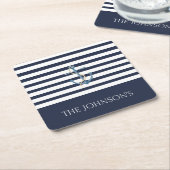 Nautical Navy Blue White Stripes Anchor Name Kartonnen Onderzetters (Schuin)