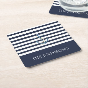 Nautical Navy Blue White Stripes Anchor Name Kartonnen Onderzetters