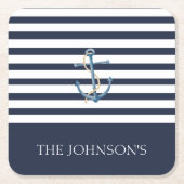 Nautical Navy Blue White Stripes Anchor Name Kartonnen Onderzetters (Voorkant)