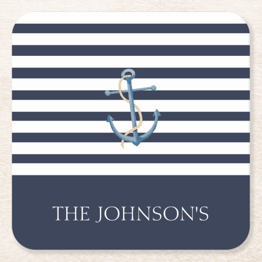 Nautical Navy Blue White Stripes Anchor Name Kartonnen Onderzetters (Voorkant)