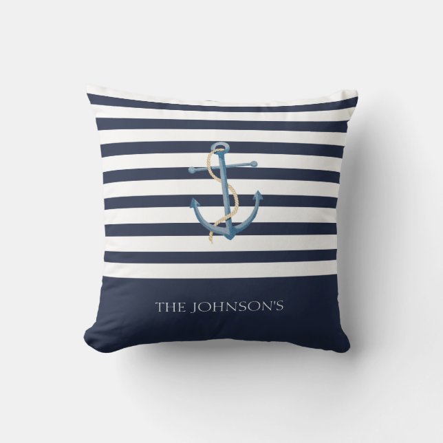 Nautical Navy Blue White Stripes Anchor Name Kussen (Voorkant)
