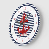 Nautical Navy Blue White Stripes and Red Anchor Grote Klok (Hoek)