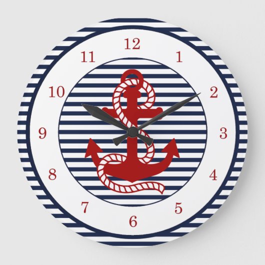 Nautical Navy Blue White Stripes and Red Anchor Grote Klok (Voorkant)