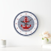 Nautical Navy Blue White Stripes and Red Anchor Grote Klok (Huis)