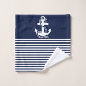 Nautical Navy Blue White Stripes and White Anchor Bad Handdoek (Wasdoekje)
