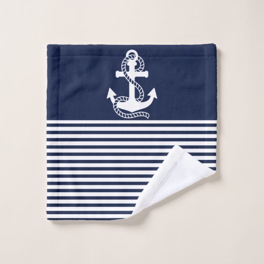 Nautical Navy Blue White Stripes and White Anchor Bad Handdoek (Wasdoekje)