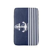 Nautical Navy Blue White Stripes and White Anchor Badmat (Voorkant Verticaal)