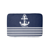 Nautical Navy Blue White Stripes and White Anchor Badmat (Voorkant)