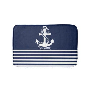 Nautical Navy Blue White Stripes and White Anchor Badmat