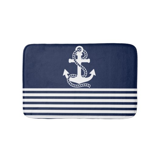 Nautical Navy Blue White Stripes and White Anchor Badmat (Voorkant)