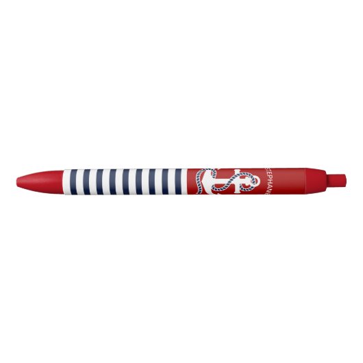 Nautical Navy Blue White Stripes and White Anchor Blauwe Inkt Pen (Voorkant)