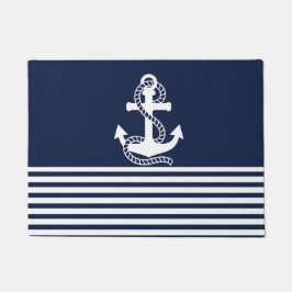 Nautical Navy Blue White Stripes and White Anchor Deurmat