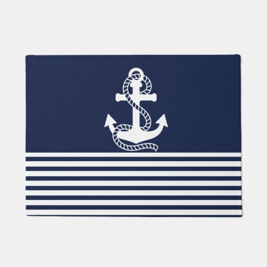 Nautical Navy Blue White Stripes and White Anchor Deurmat (Voorkant)