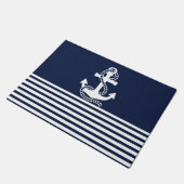 Nautical Navy Blue White Stripes and White Anchor Deurmat (Schuin)