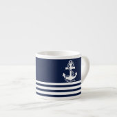 Nautical Navy Blue White Stripes and White Anchor Espresso Kop (Voorkant rechts)
