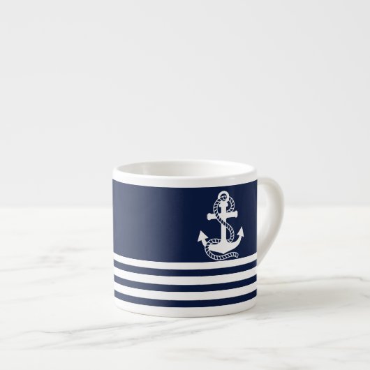 Nautical Navy Blue White Stripes and White Anchor Espresso Kop (Voorkant rechts)