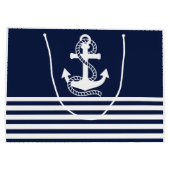 Nautical Navy Blue White Stripes and White Anchor Groot Cadeauzakje (Achterkant)