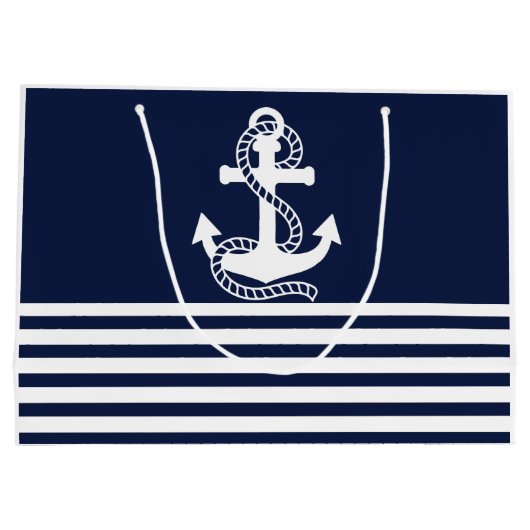 Nautical Navy Blue White Stripes and White Anchor Groot Cadeauzakje (Achterkant)