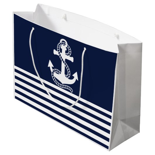Nautical Navy Blue White Stripes and White Anchor Groot Cadeauzakje (Achterkant Gekanteld)