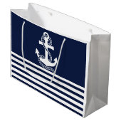Nautical Navy Blue White Stripes and White Anchor Groot Cadeauzakje (Voorkant Gekanteld)