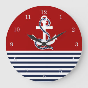 Nautical Navy Blue White Stripes and White Anchor Grote Klok