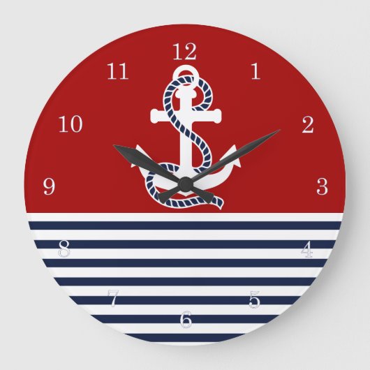 Nautical Navy Blue White Stripes and White Anchor Grote Klok (Voorkant)