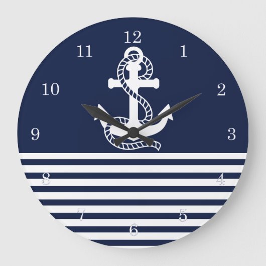 Nautical Navy Blue White Stripes and White Anchor Grote Klok (Voorkant)