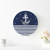 Nautical Navy Blue White Stripes and White Anchor Grote Klok (Huis)