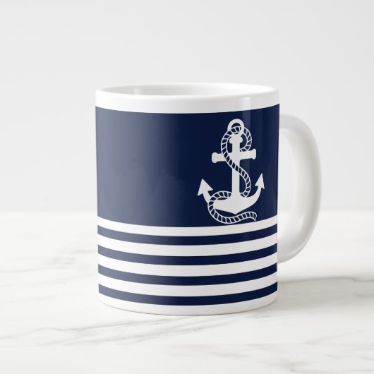 Nautical Navy Blue White Stripes and White Anchor Grote Koffiekop (Voorkant rechts)