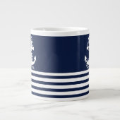 Nautical Navy Blue White Stripes and White Anchor Grote Koffiekop (Voorkant)