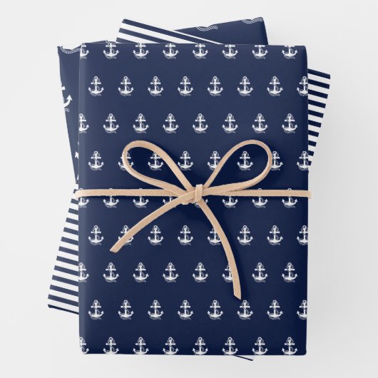 Nautical Navy Blue White Stripes and White Anchor Inpakpapier Vel (In situ)