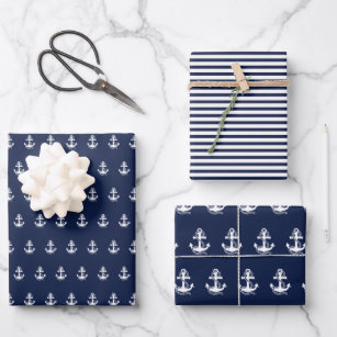 Nautical Navy Blue White Stripes and White Anchor Inpakpapier Vel
