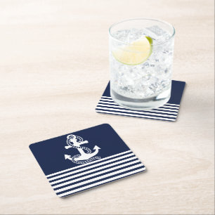 Nautical Navy Blue White Stripes and White Anchor Kartonnen Onderzetters