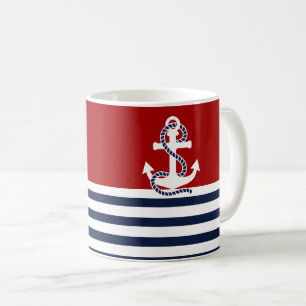 Nautical Navy Blue White Stripes and White Anchor Koffiemok