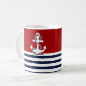 Nautical Navy Blue White Stripes and White Anchor Koffiemok (Voorkant links)