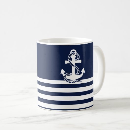 Nautical Navy Blue White Stripes and White Anchor Koffiemok (Voorkant rechts)
