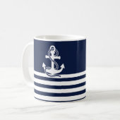 Nautical Navy Blue White Stripes and White Anchor Koffiemok (Voorkant links)