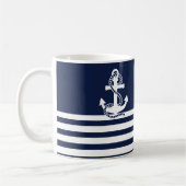 Nautical Navy Blue White Stripes and White Anchor Koffiemok (Links)