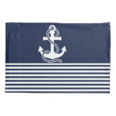 Nautical Navy Blue White Stripes and White Anchor Kussensloop (Achterkant-Links)