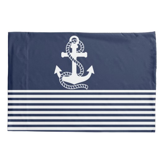Nautical Navy Blue White Stripes and White Anchor Kussensloop (Achterkant-Links)