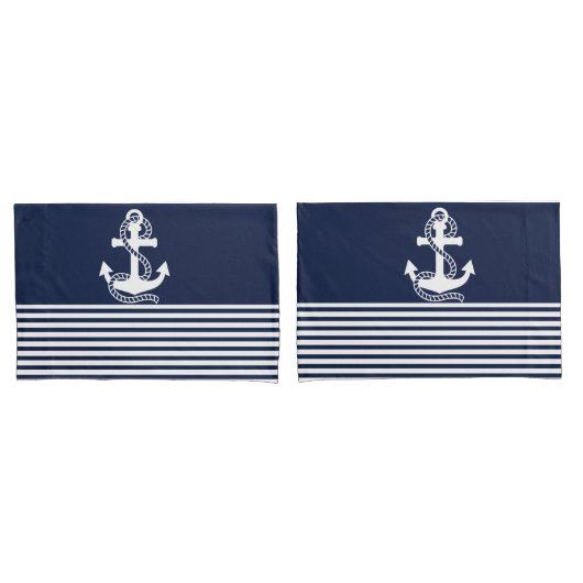Nautical Navy Blue White Stripes and White Anchor Kussensloop (Voorkant-Set)