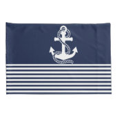 Nautical Navy Blue White Stripes and White Anchor Kussensloop (Achterkant-Rechts)