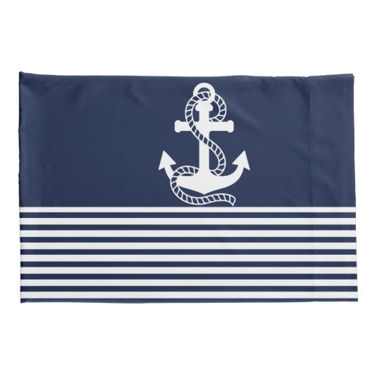 Nautical Navy Blue White Stripes and White Anchor Kussensloop (Achterkant-Rechts)