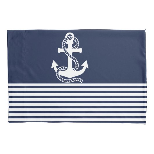 Nautical Navy Blue White Stripes and White Anchor Kussensloop (Voorkant-Links)