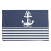 Nautical Navy Blue White Stripes and White Anchor Kussensloop (Voorkant-Rechts)