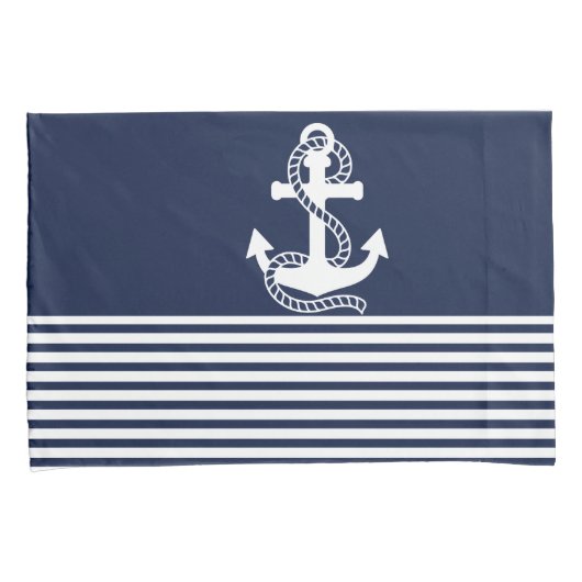 Nautical Navy Blue White Stripes and White Anchor Kussensloop (Voorkant-Rechts)