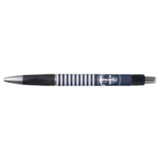 Nautical Navy Blue White Stripes and White Anchor Pen (Voorkant)