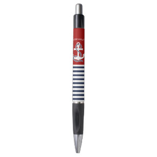 Nautical Navy Blue White Stripes and White Anchor Pen